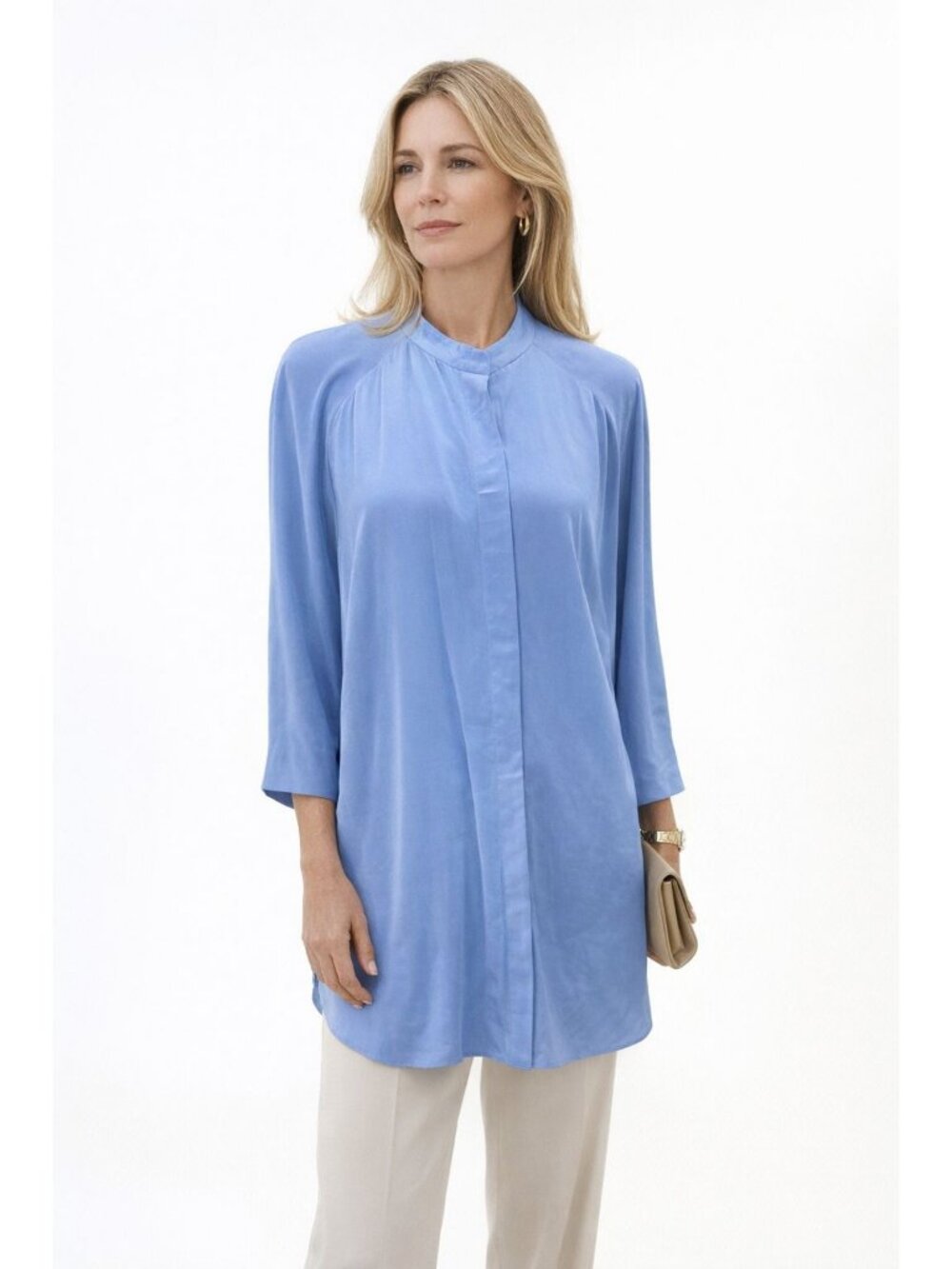 Soft Surroundings Blue 100% Silk L/S Women Tunic Shirt Dress XL Minimalist Money